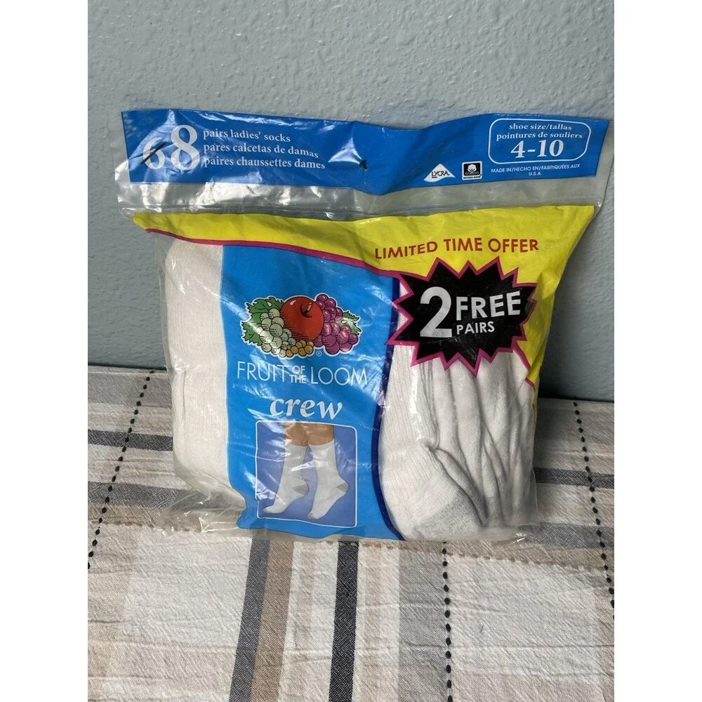 Fruit of the Loom Womens Socks 4-10 Cotton White 8 Pack Crew USA VTG NOS
